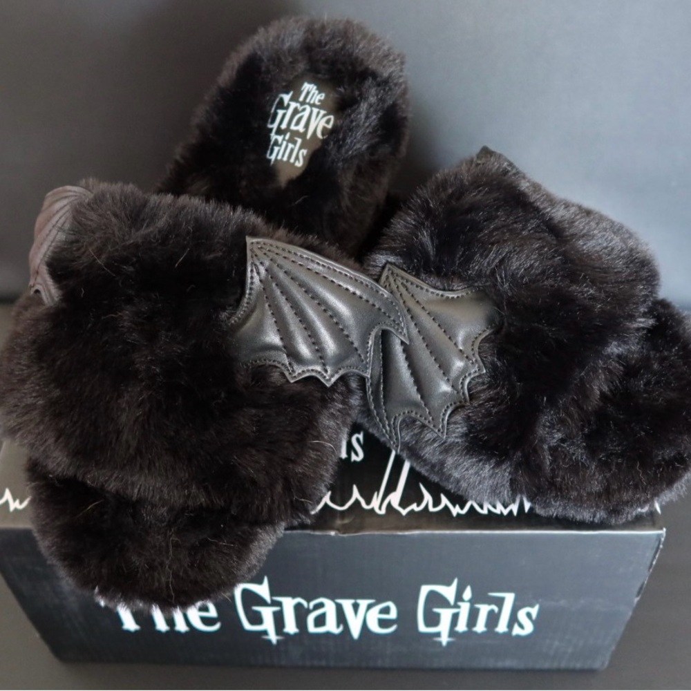 Grave Girls x Dolls Kill Black Furry Slippers with Bat Wings